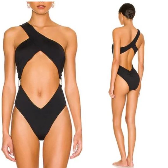 WeWoreWhat Asymmetrical Crossover one piece swimsuit Black Gold Ring Detail NWT - Picture 4 of 10